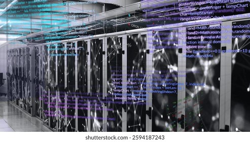 Computer code and data processing image over server racks in data center. Technology, servers, networking, coding, digital, IT