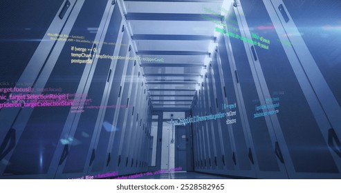 Computer code image over data center servers. Technology, coding, programming, cybersecurity, digital, infrastructure - Powered by Shutterstock