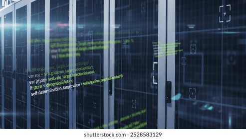 Computer code image over server racks in data center. Technology, coding, servers, network, programming, IT - Powered by Shutterstock