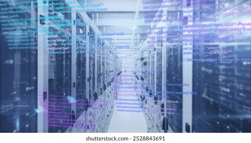 Computer code image over server racks in data center. Technology, coding, servers, cybersecurity, networking, cloud - Powered by Shutterstock