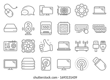 Computer components, Laptop, SSD line icons. Motherboard, CPU, Internet cables icons. Wifi router, computer monitor, Graphic card. Keyboard, SSD device. Internet cables, laptop components.