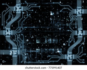 Computer Connection series. Composition of CPU, motherboard traces and digital elements suitable as a backdrop for the projects on  technology, equipment and computer hardware