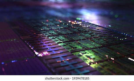 Computer CPU Chip On Silicon Wafer. Close Up Shot Of Electronic System With Data Processing. Chip, AI Calculating Big Data Abstract. 3D Rendering