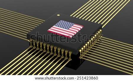 Computer CPU with USA flag isolated on black background