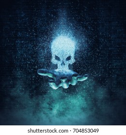 Computer crime and virus concept / 3D illustration glowing skull formed by binary digits floating above open hand