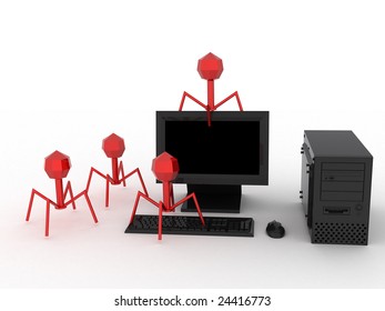 Computer damaged by red virus. 3d render.