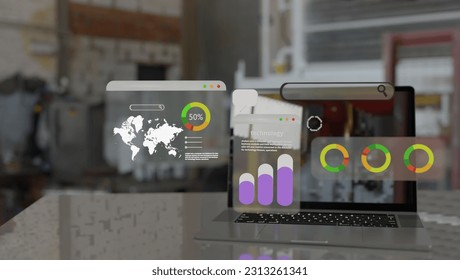 computer and dashboard for data business analysis and Data Management System with KPI and metrics connected to the database for technology finance, operations, sales, marketing