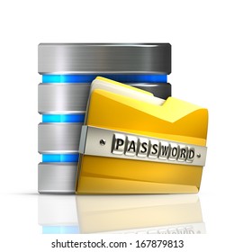 Computer Database with yellow Folder isolated on white background High resolution 3d 