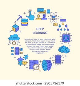 Computer deep learning round banner with place for text. Neural network, machine learning symbols in colored line style. 