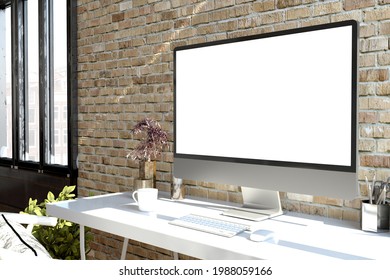 Computer at desktop with white screen 3d rendering
