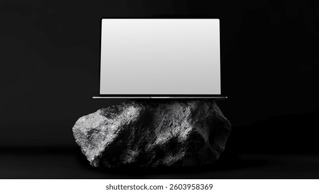 Computer Device Mockup on Stone Base, Minimalist Background, Digital Screen Mockup