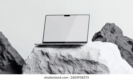 Computer Device Mockup on Stone Base, Minimalist Background, Digital Screen Mockup - Powered by Shutterstock - Get 15% off with code: PIKWIZARD15