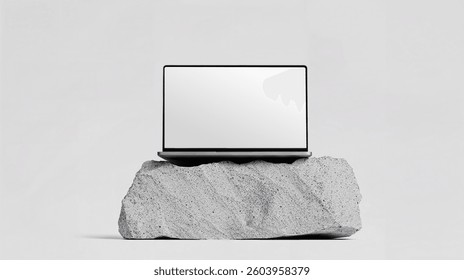 Computer Device Mockup on Stone Base, Minimalist Background, Digital Screen Mockup