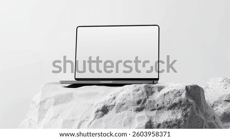 Computer Device Mockup on Stone Base, Minimalist Background, Digital Screen Mockup