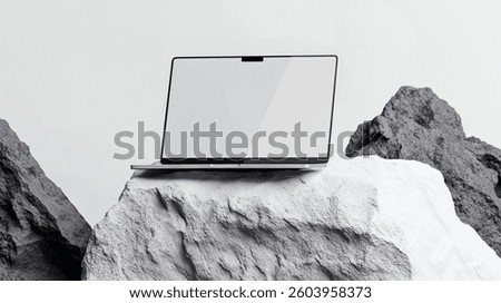 Computer Device Mockup on Stone Base, Minimalist Background, Digital Screen Mockup