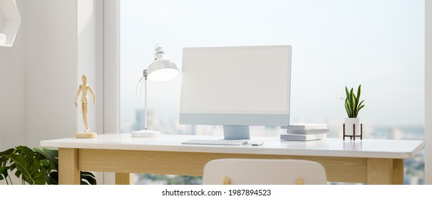 Computer devices with mock-up screen and decorations on the desk beside glass wall window, 3D rendering, 3D illustration 