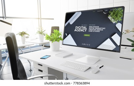 Computer With Digital Agency Website On Screen 3d Rendering. 