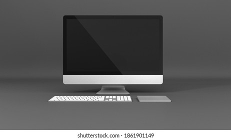 Computer Display With Blank Screen, Touchpad And Keyboard Isolated On Dark Gray Background For Mock Up