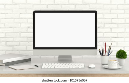 Computer display for mockup on table in white room, 3D rendering - Shutterstock ID 1015936069