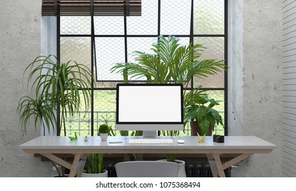 Computer Display For Mockup On Table And Plant In Cement Room, 3D Rendering