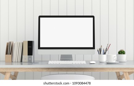 Computer display for mockup on table in white room, 3D rendering - Shutterstock ID 1093084478