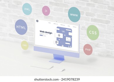 Computer display on desk with UI, UX web page layout. Surrounding balloons depict web design technologies like HTML, CSS, JS. A dynamic workspace capturing creativity and innovation - Powered by Shutterstock