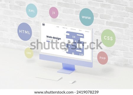 Computer display on desk with UI, UX web page layout. Surrounding balloons depict web design technologies like HTML, CSS, JS. A dynamic workspace capturing creativity and innovation