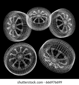 computer drawing of car wheel. Top view. 3d illustration. On a black background.