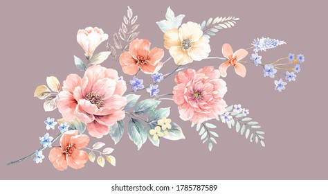 Computer drawn flower illustration. Watercolor Flowers.Manual composition.Big Set watercolor elements.