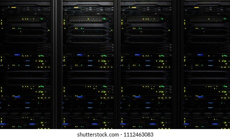 Computer equipment and telecommunication technologies, 3D rendering of a modern dark server data center in the storage center