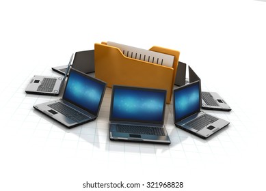 Computer Folder with Documents Sharing Data from Laptops. High Quality 3D Render 