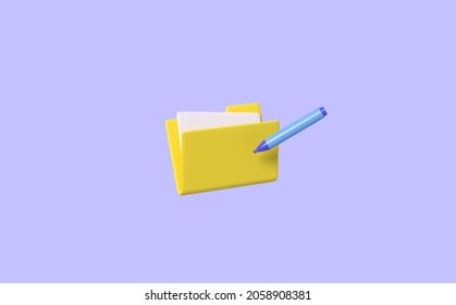 Computer Folder With Pen Isolated On Purple Background. 3D Rendering.