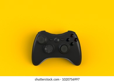 Computer game competition. Gaming concept. Black joystick isolated on yellow background, 3D rendering