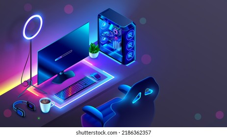 Computer Gaming PC On Video Gaming Desk In Dark Room With Neon Light. Futuristic Modern Workplace Of Internet Blogger, Streamer Or Computer Gamer. Monitor, Transparent Computer, Chair, Ring Light.