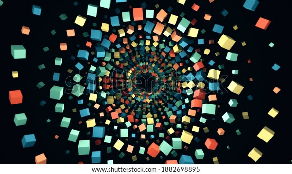 Computer\
generated abstract geometric cube shapes, unreal constructions.\
Animation. Seamless loop optical illusion with many circles of\
colorful cubes flying away on black background.\
