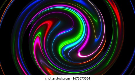 Computer Generated Background With Abstract Spiral. 3D Rendering Circular Merger Of Neon Color Lines.