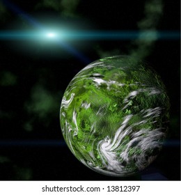 Computer generated Green planet and Star in space
