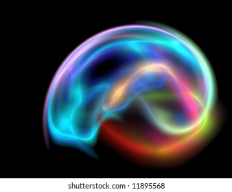 Computer Generated Illustration: Rendered Fractal Having The Human Brain Shape In Longitudinal Section And Showing The Interaction Between Different Brain Regions.