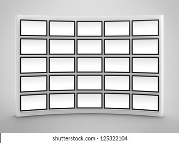 Computer Generated Image Of Blank Presentation Screen Wall On Gray Background