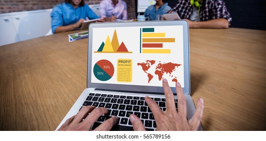 Computer generated image of business presentation against cropped image of woman typing on laptop