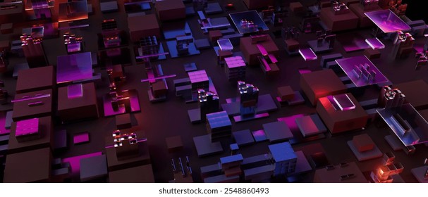 A computer generated image of a city with a purple and blue color scheme. The image is abstract and has a futuristic feel to it