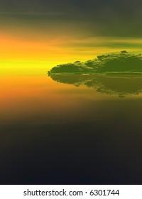 Computer generated Landscape with water, sky and mountains