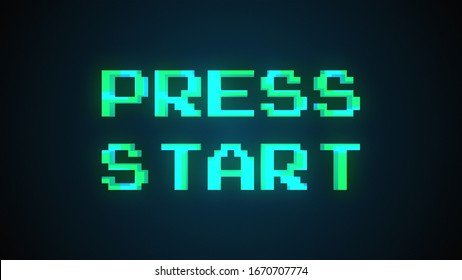 Computer generated a text message screen: Press start. 3d rendering 8-bit font, black background for computer game