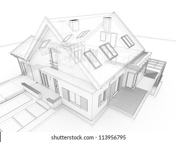 Computer Generated, Transparent House Design Visualization In Drawing Style