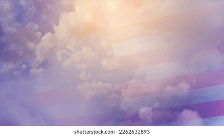 Computer graphics and double exposure against a sunny sky with white clouds waving the US flag. Global interests and world hegemony.