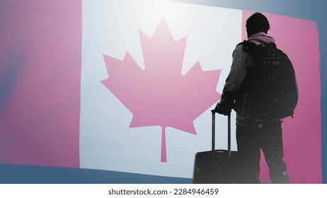 Computer graphics and double exposure. A tourist with a backpack and a suitcase against the background of a translucent waving flag of Canada. Refugee. Businessman without borders.