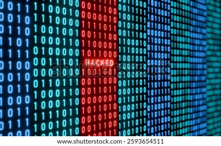 Computer hacked warning sign, binary code with red signal, cyber crime. 