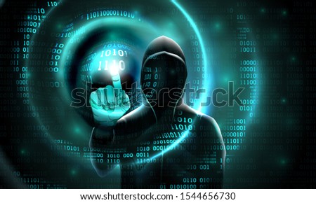 Computer hacker with a hood touches the touch screen binary code. Light waves on abstract binary software dark background hacker silhouette. Hacking computer system, database, data theft