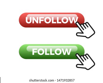 Computer hand is clicking on follow and unfollow button on social networking site. Get and lose follower. Illustration