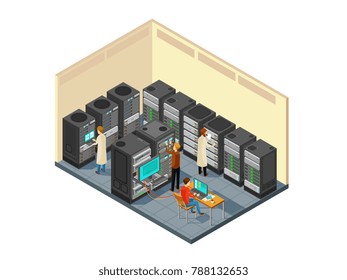 Computer hardware in network server room with staff. Isometric security center illustration. Database server network internet
